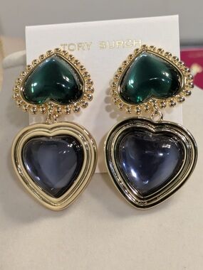 Tory Burch Gold-Tone Heart Drop Clip on Earrings with Dark Green and Black Heart